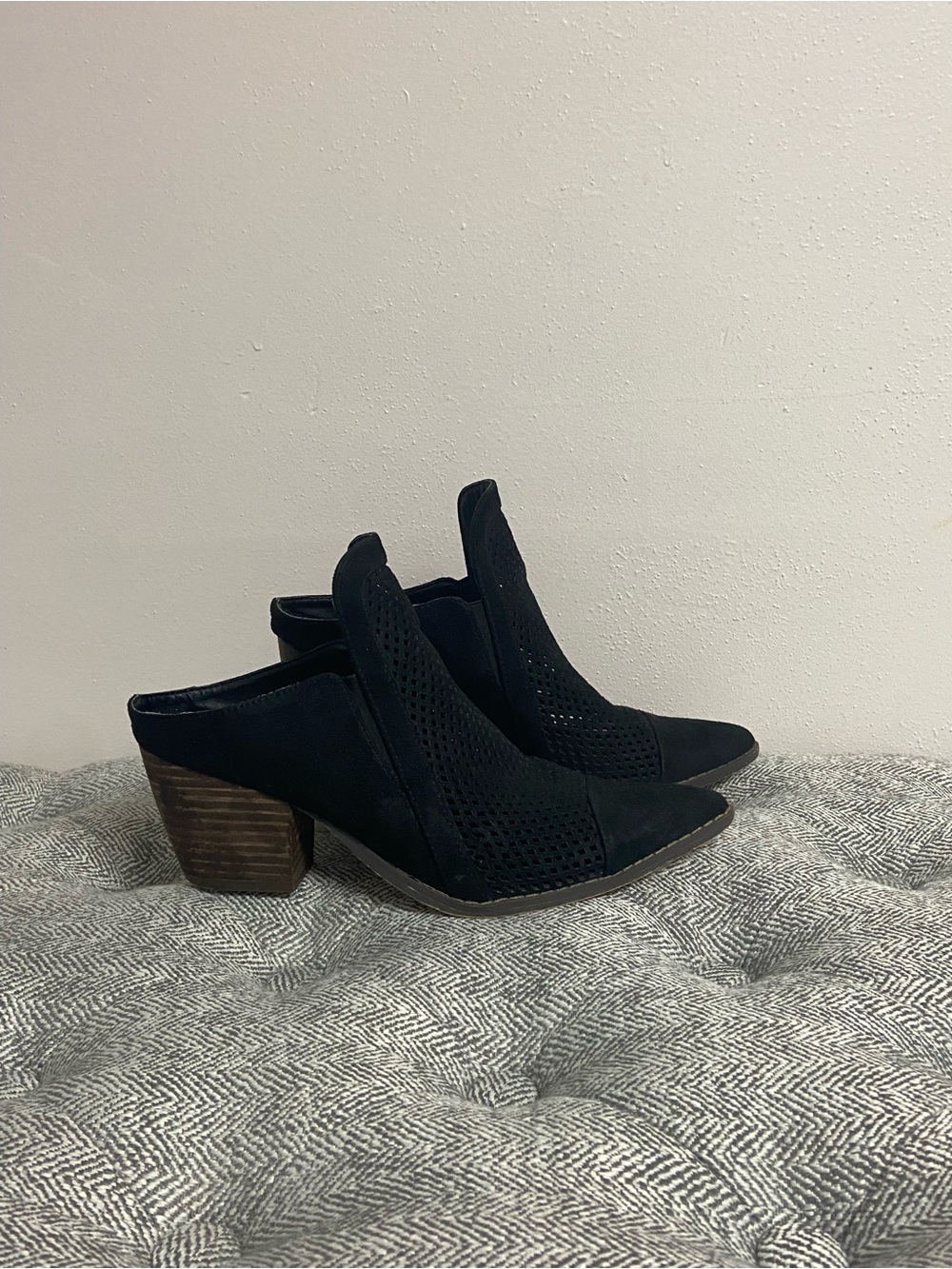 Coconuts by Matisse Black Perforated Suede Block Heel Mules